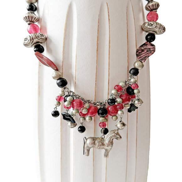 Roxsann Jewelry - Roxsann (Eklund) Vintage Pink Black Beaded Horse Charm Necklace